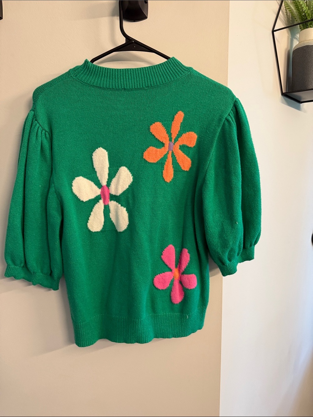 THML Green Floral Crewneck Sweater with Multicolor Flowers and Puff Sleeves - Picture 6 of 6